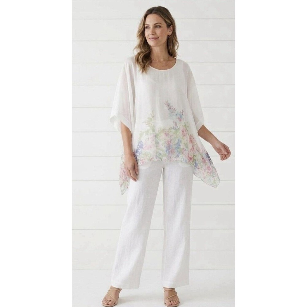 Elena Baldi Blouse Womens Medium White Silk Floral Kimono Top Made In Italy